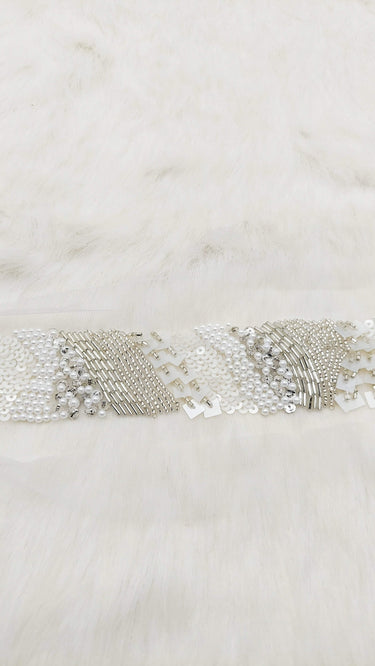 Hand Embroidered White Net Lace With White Sequins and Beads and Pearls, Exclusive Laces, Sequinned Trimming
